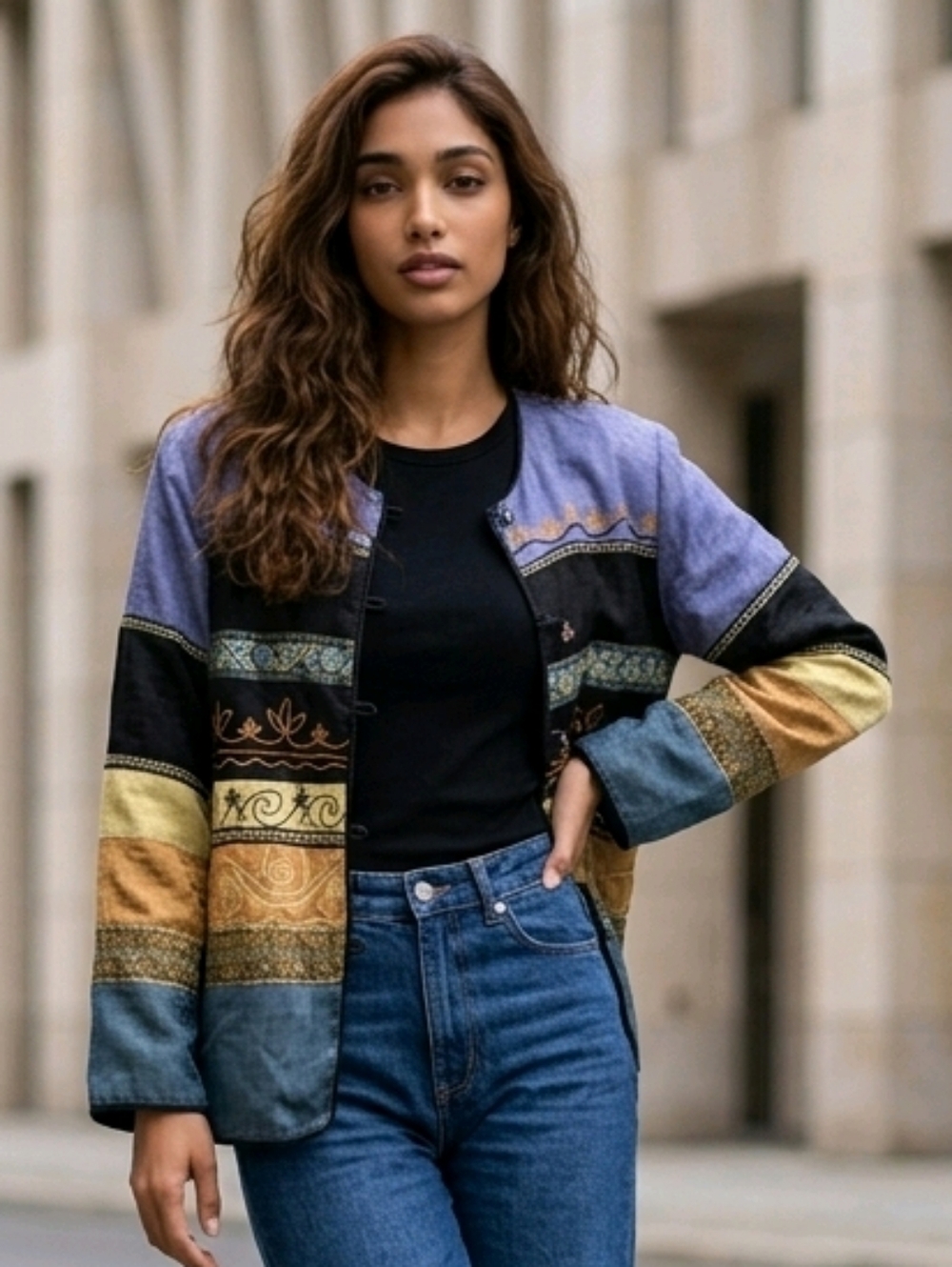 Vintage 80s Indigo Moon Blue Brocade Stripe Embroidered Blazer Jacket Large QVC
